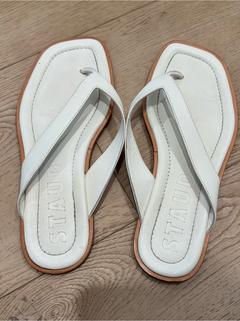 STAUD White Leather Square-Toe Thong Sandals